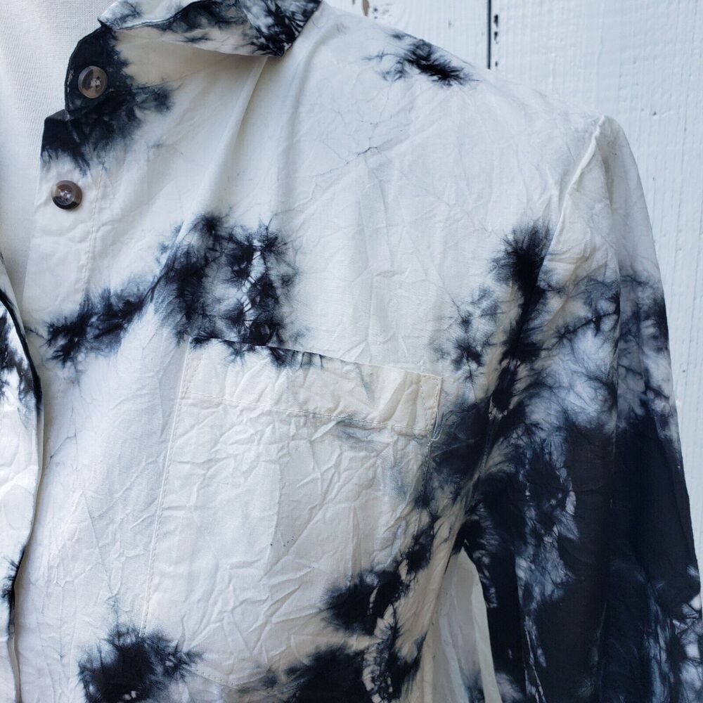 XCVI Women White Tie Dye Collared Half Button 3/4 Sleeve Cotton Blend Tunic Sz L - Picture 6 of 10